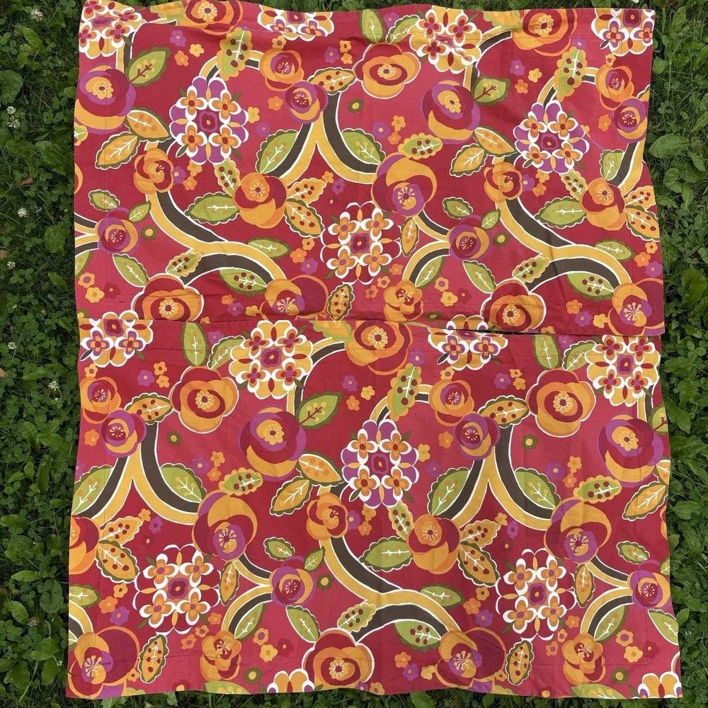 Pottery Barn King Duvet Cover Two Shams Red Floral Retro Mod Cotton Reversible‎